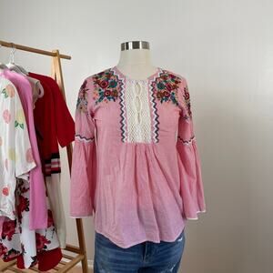 Zara • Embroidered Striped Peasant Blouse